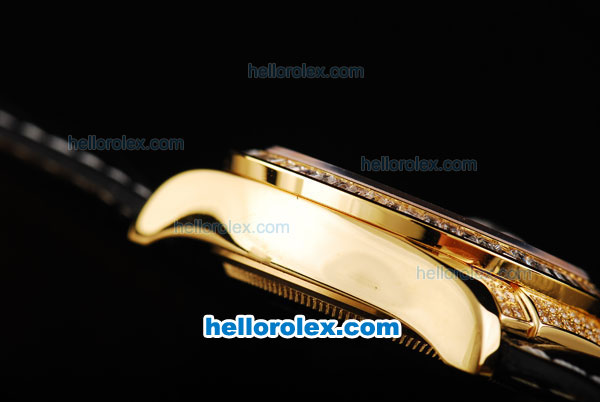 Rolex Datejust Automatic Movement ETA Coating Case with Diamond Bezel-Black Leather Strap - Click Image to Close